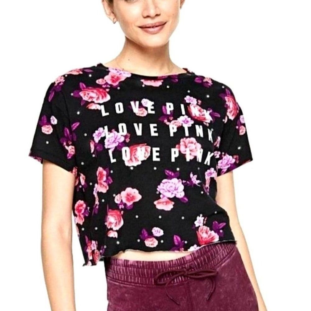 VICTORIA'S SECRET Pink Cropped Tee‎ Floral Bling Size XS/XP
